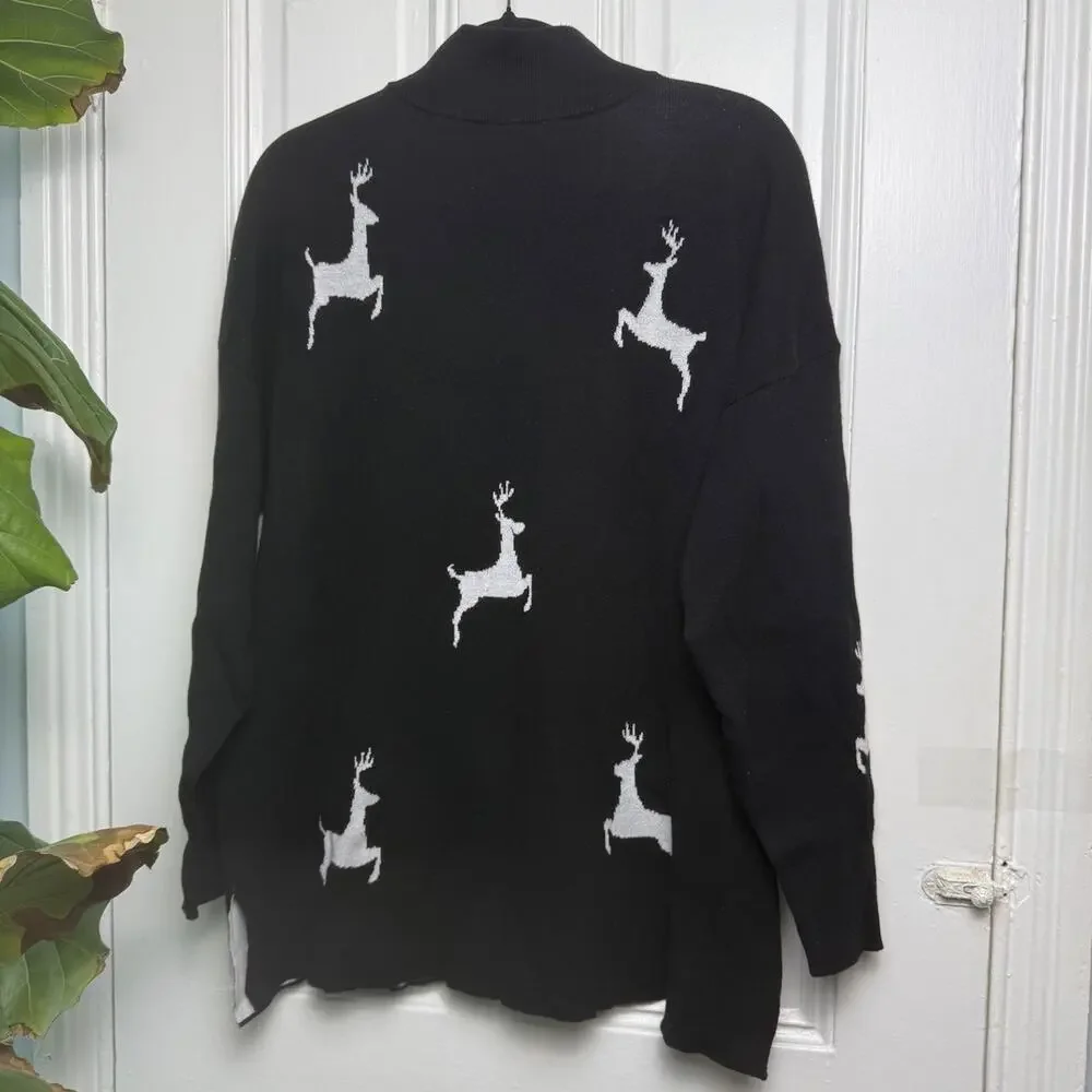 Jingle Belles Kim Gravel Reindeer Mock Neck Sweater Womens XL Black White